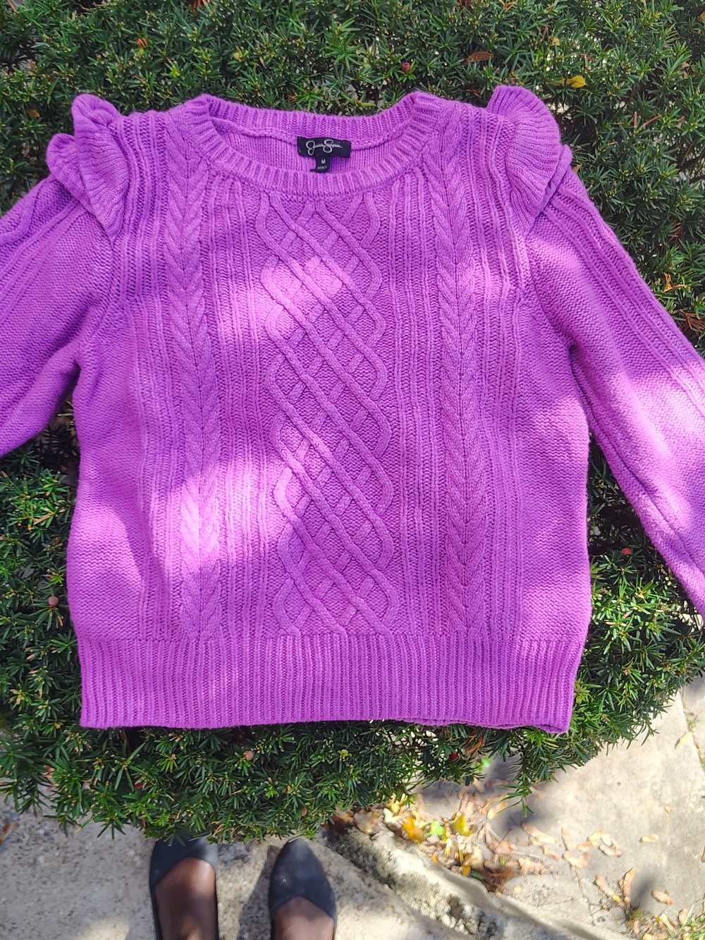 Jessica Simpson Bright Purple Cable-Knit Puff-Sleeve Sweater